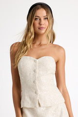 Brionee Ivory Tweed Sequin Button-Front Strapless Top