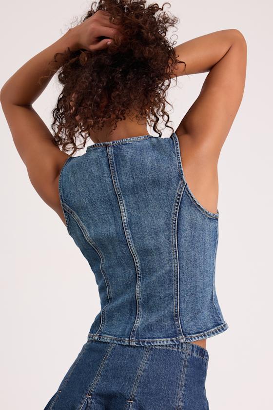 Sculpted Medium Wash Denim Vest Top