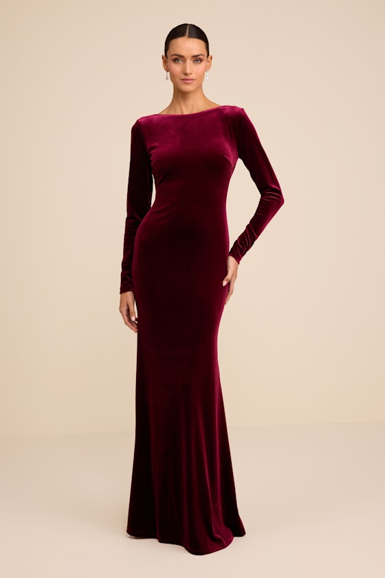 Rabeya Burgundy Velvet Backless Mermaid Maxi Dress