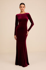 Rabeya Burgundy Velvet Backless Mermaid Maxi Dress