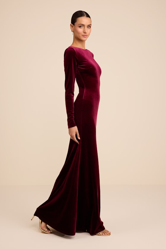 Rabeya Burgundy Velvet Backless Mermaid Maxi Dress