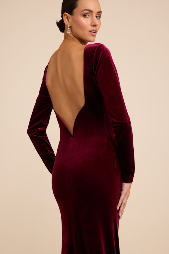 Rabeya Burgundy Velvet Backless Mermaid Maxi Dress