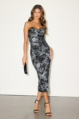 Armali Grey Abstract Floral Strapless Midi Dress