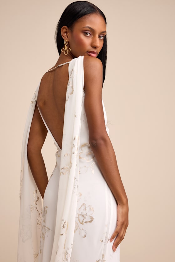 Sidonia White and Gold Floral Cowl Sash Maxi Dress