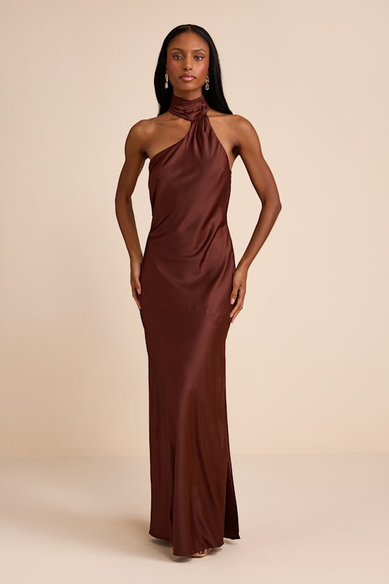 Madalena Dark Brown Satin Cowl Back Maxi Dress