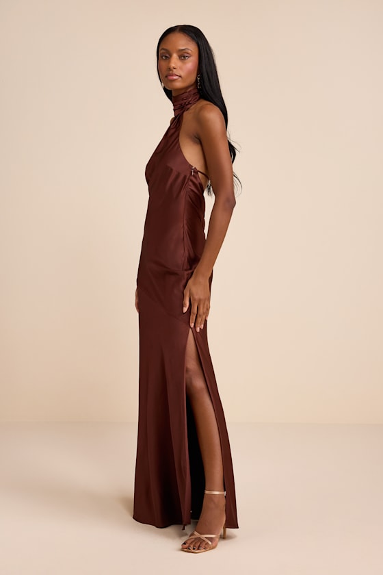 Madalena Dark Brown Satin Cowl Back Maxi Dress