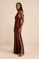 Madalena Dark Brown Satin Cowl Back Maxi Dress