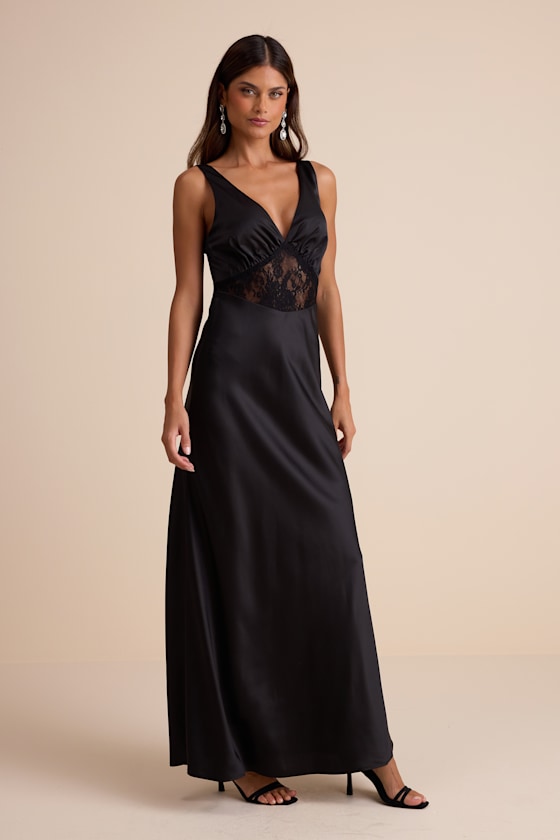 Toulouse Black Satin Lace Maxi Dress