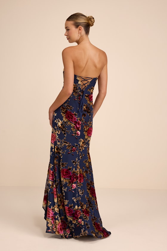 Anoah Navy Floral Velvet Burnout Strapless Maxi Dress