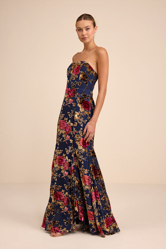 Anoah Navy Floral Velvet Burnout Strapless Maxi Dress