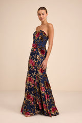 Anoah Navy Floral Velvet Burnout Strapless Maxi Dress