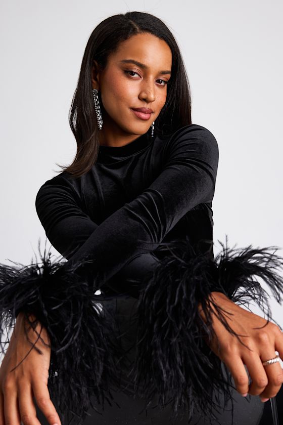 Malva Black Velvet Feather Cuff Long Sleeve Top