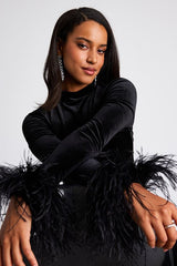 Malva Black Velvet Feather Cuff Long Sleeve Top