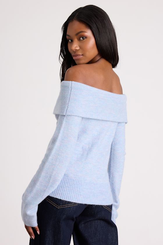 Melinda Light Blue Space Dye Off-the-Shoulder Sweater Top