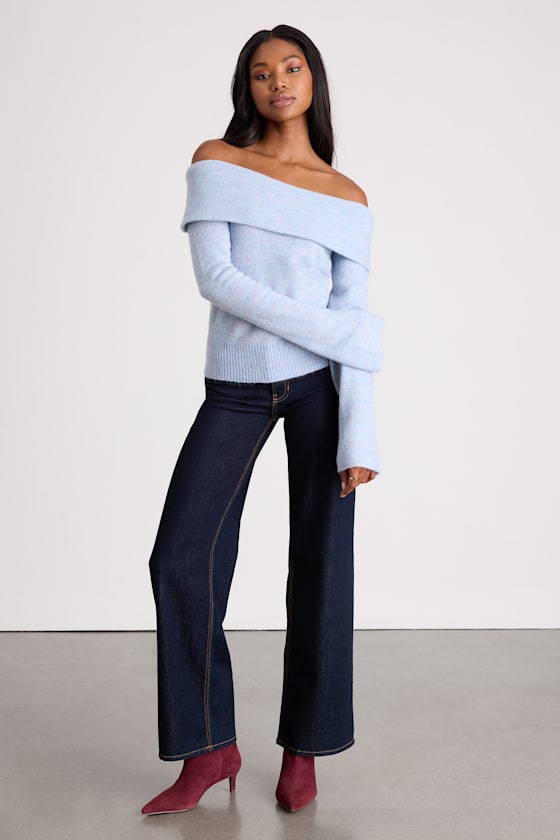 Melinda Light Blue Space Dye Off-the-Shoulder Sweater Top