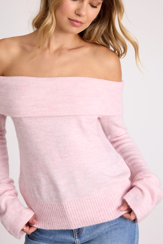 Melinda Light Pink Space Dye Off-the-Shoulder Sweater Top
