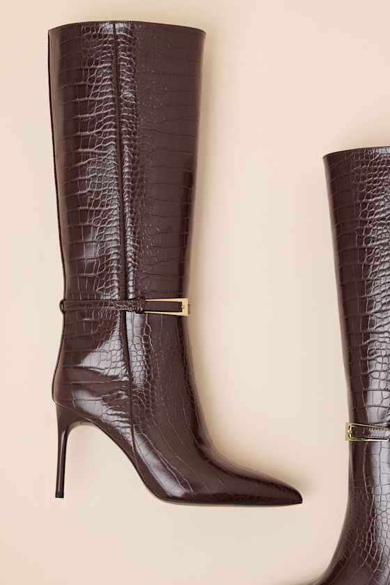 Cadee Brown Croc-Embossed Stiletto Knee-High Buckle Boots