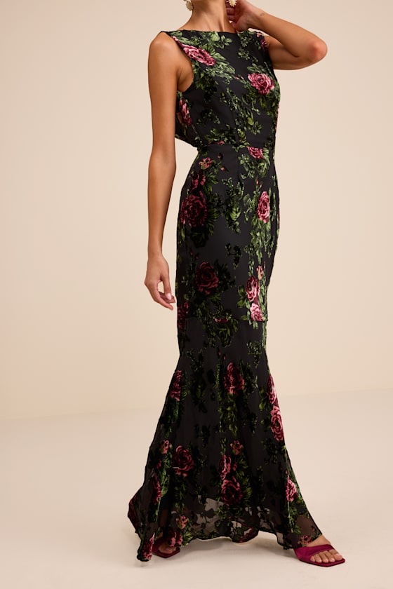 Declan Black Floral Burnout Cowl Back Maxi Dress