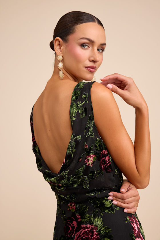 Declan Black Floral Burnout Cowl Back Maxi Dress