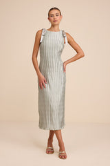 Nuala Sage Green Pleated Sleeveless Bow Midi Dress