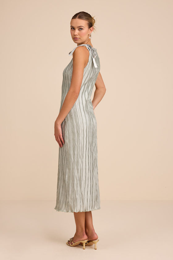 Nuala Sage Green Pleated Sleeveless Bow Midi Dress