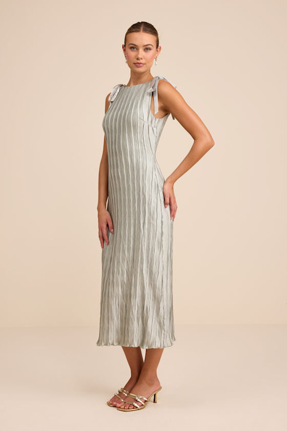 Nuala Sage Green Pleated Sleeveless Bow Midi Dress
