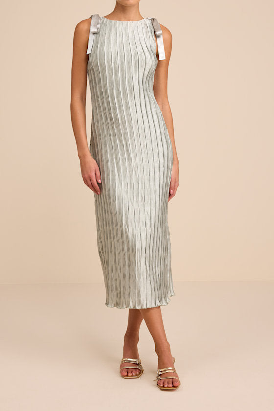 Nuala Sage Green Pleated Sleeveless Bow Midi Dress