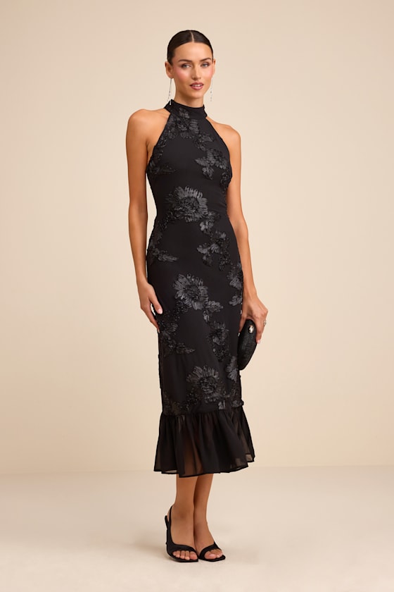 Margaret Black Textured Ruffled Midi Dress