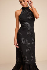 Margaret Black Textured Ruffled Midi Dress