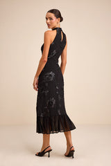 Margaret Black Textured Ruffled Midi Dress