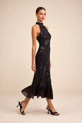Margaret Black Textured Ruffled Midi Dress