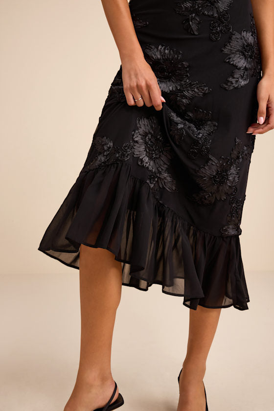 Margaret Black Textured Ruffled Midi Dress