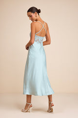 Luetta Pale Blue Satin Lace Slip Midi Dress