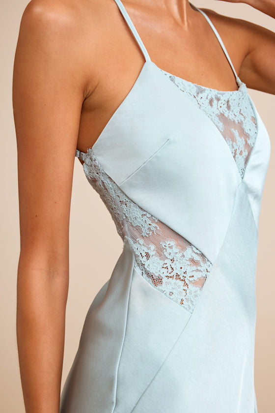 Luetta Pale Blue Satin Lace Slip Midi Dress
