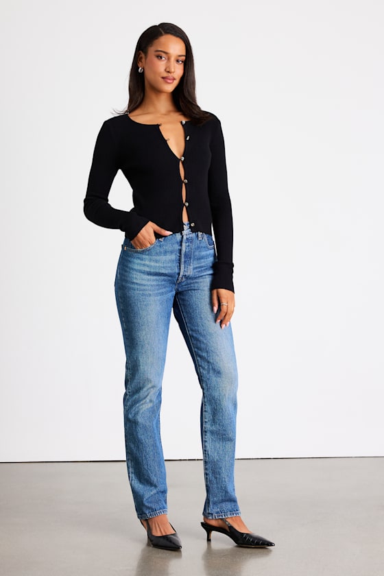 Scalia Black Ribbed Knit Button-Front Long Sleeve Top