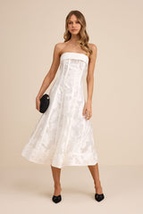 Abilene White Floral Jacquard Rhinestone Strapless Midi Dress