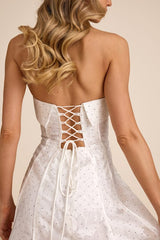 Abilene White Floral Jacquard Rhinestone Strapless Midi Dress