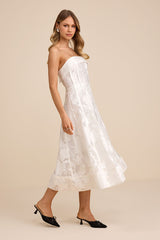 Abilene White Floral Jacquard Rhinestone Strapless Midi Dress