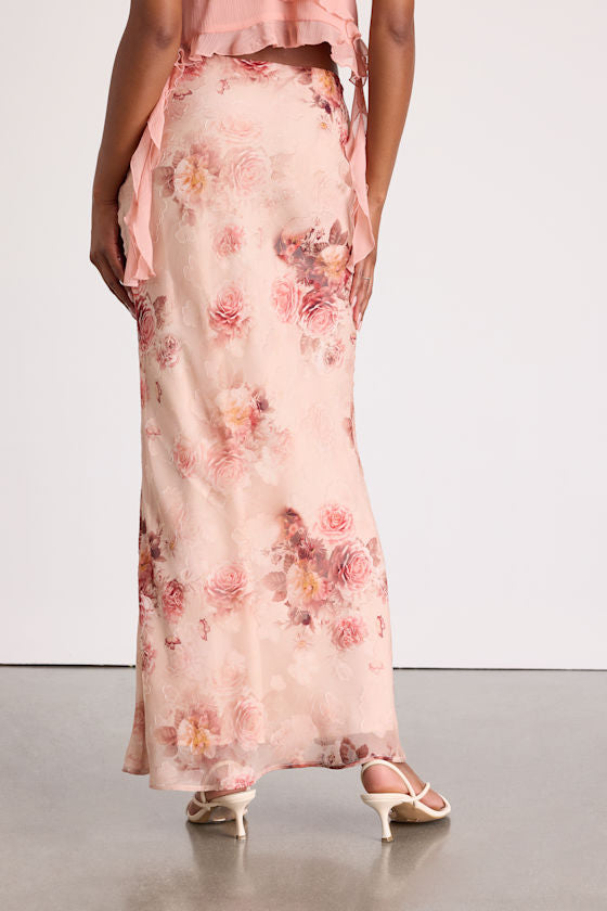 Adara Blush Floral Jacquard Slip Maxi Skirt