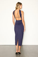Ariana Navy Blue Jersey Knit Strapless Midi Dress