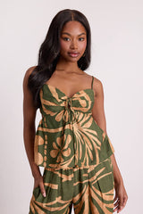 Sabo Olive and Tan Boho Print Strappy Halter Top