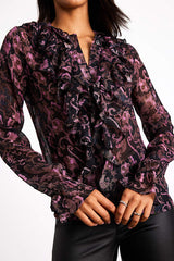 Embry Black Paisley Print Lurex Ruffled Button-Front Top
