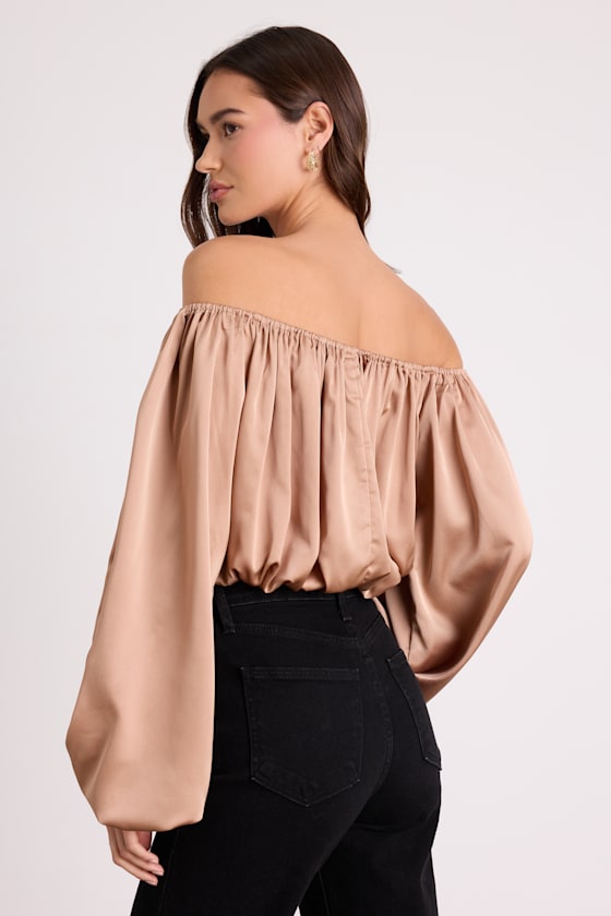 Jordana Tan Satin Off-the-Shoulder Crop Top