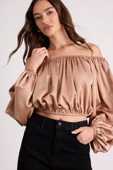 Jordana Tan Satin Off-the-Shoulder Crop Top