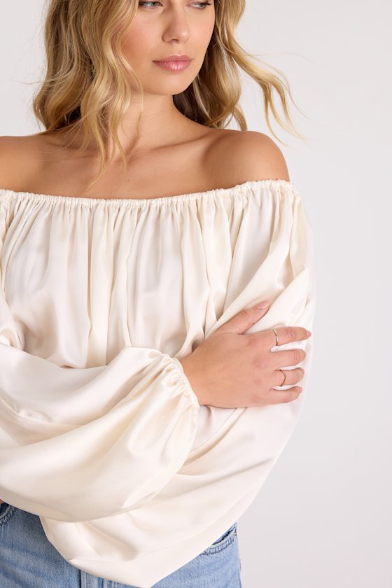 Jordana Ivory Satin Off-the-Shoulder Crop Top