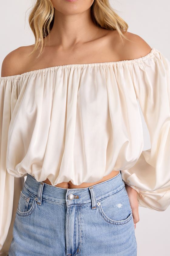 Jordana Ivory Satin Off-the-Shoulder Crop Top