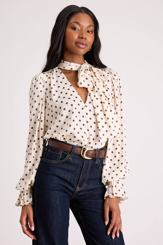 Loen Ivory Polka Dot Tie-Neck Long Sleeve Bodysuit