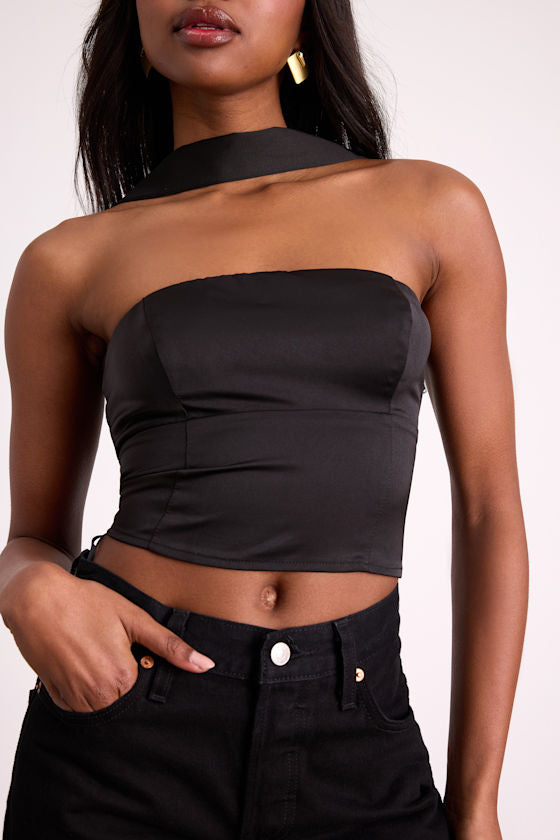 Jassana Black Satin Scarf Crop Top