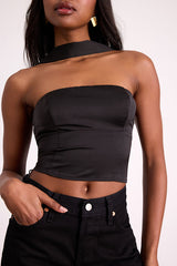 Jassana Black Satin Scarf Crop Top