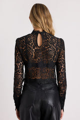 Celita Black Sheer Eyelash Lace Long Sleeve Crop Top